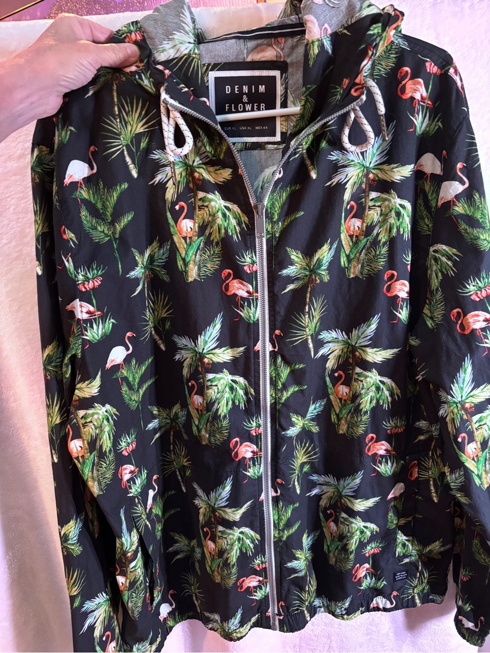 Denim & Flower Black Hoodie with Green Palm & Pink Flamingo Print - Picture 1 of 10